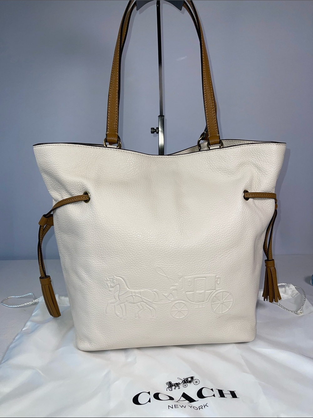 Coach White Pebble Leather Tote with Brown Handles